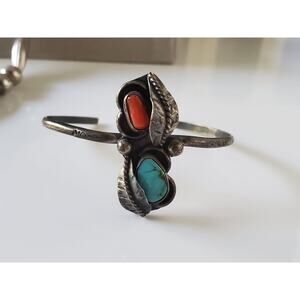 Vintage Turquoise and Coral Navajo Sterling Child Bracelet